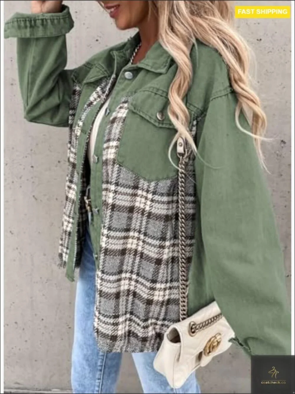 Oversized Denim Jacket Plaid Shacket Boyfriend Fit Long Sleeve Button Down